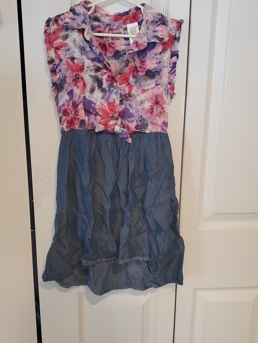 Girls Floral Purple-Pink Tie-Front Casual Dress with Blue Skirt
